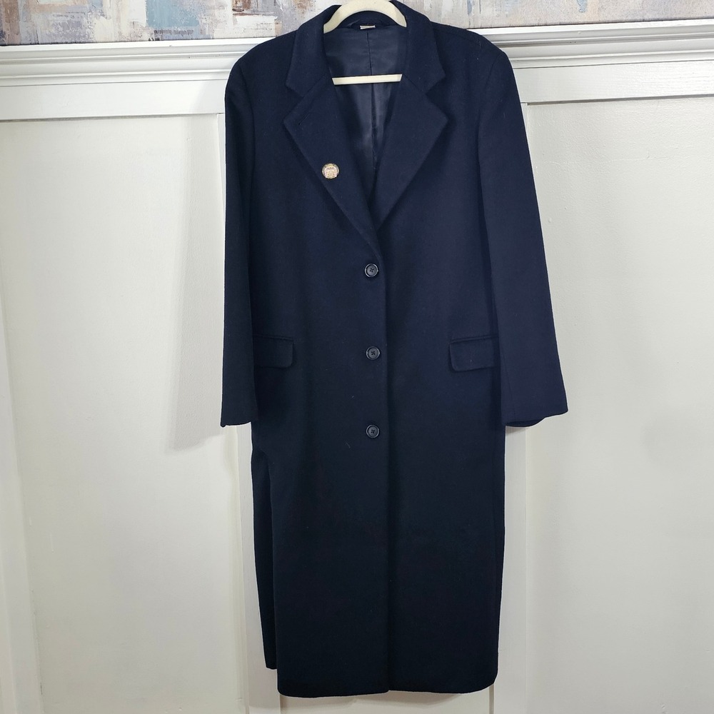 Gruner New York Women 12R 100% Wool Long Coat Navy Tailored Quiet Luxury